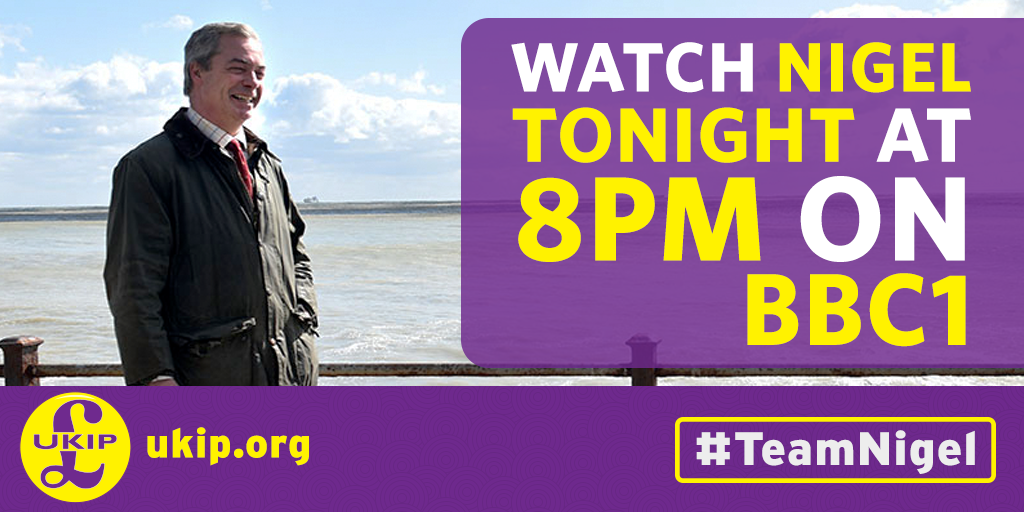 UKIP's tweet photo. #BBCDebate just about to start - tune in and support @Nigel_Farage #TeamNigel http://t.co/6Q4i4iDvKl