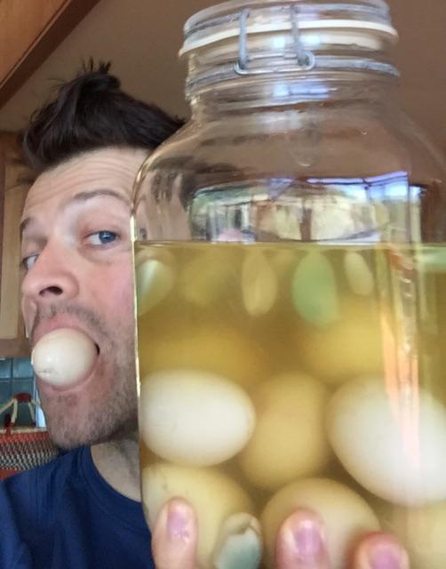 mishacollins's tweet image. I pickled these. unrefrigerated since Easter. The garlic's gone blue &amp;amp; they smell bad, so I'm trying 2 eat them fast.