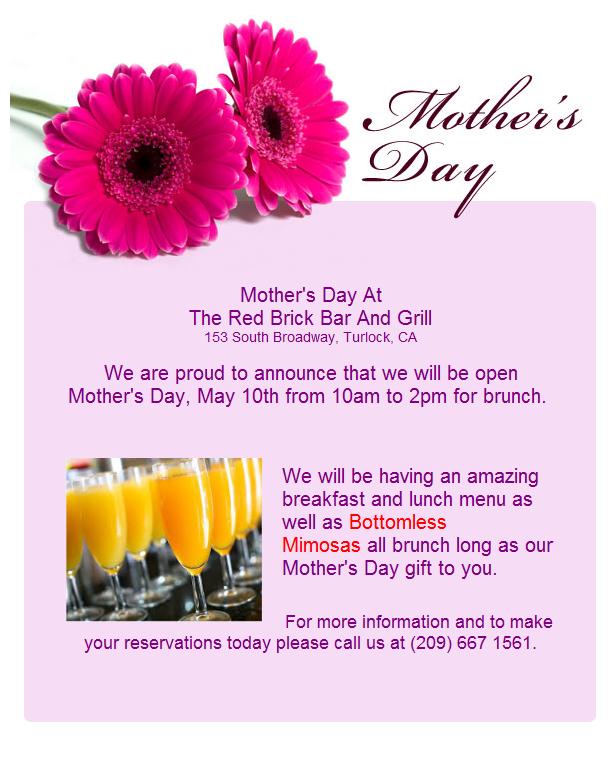 RedBrickTurlock's tweet image. Mother's Day At Red Brick Bar And Grill bit.ly/1D9zy77