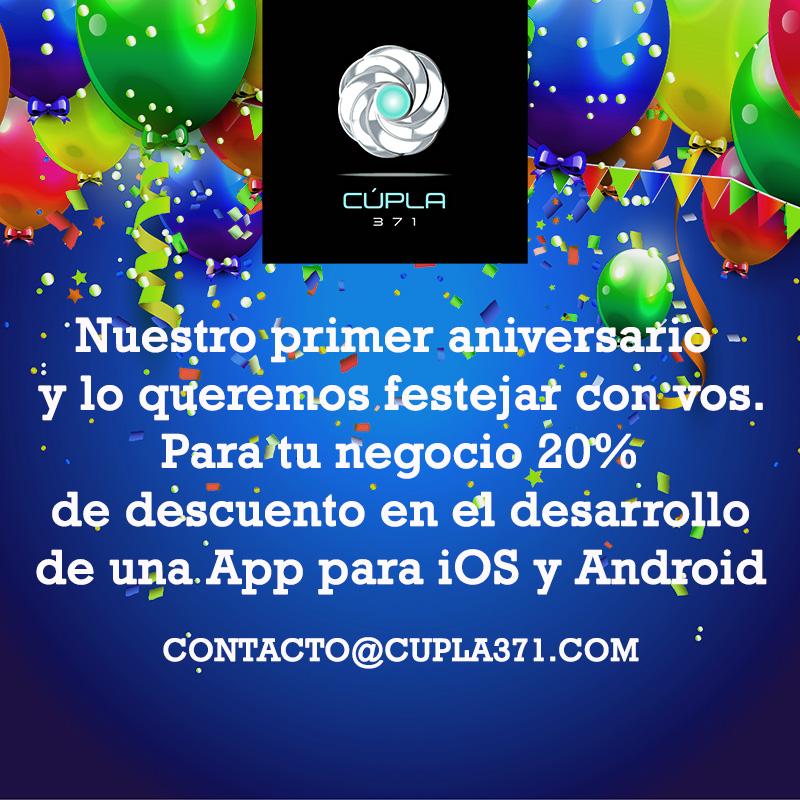 Cupla371's tweet photo. Festejando el 1 año de Cupla371, queremos festejarlo junto a vos. #Apps #Developers #Desarrolladores #entrepeneur http://t.co/uF6BCLamHO