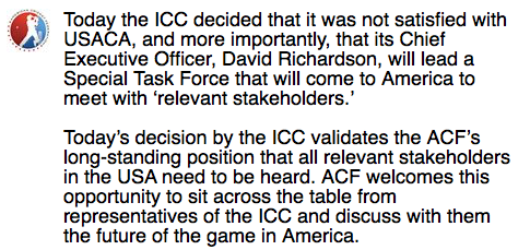 AmerCricketFed's tweet photo. In response to the outcome of the International Cricket Council's meeting today, ACF issues the following statement: http://t.co/UOEO3R5t5Q