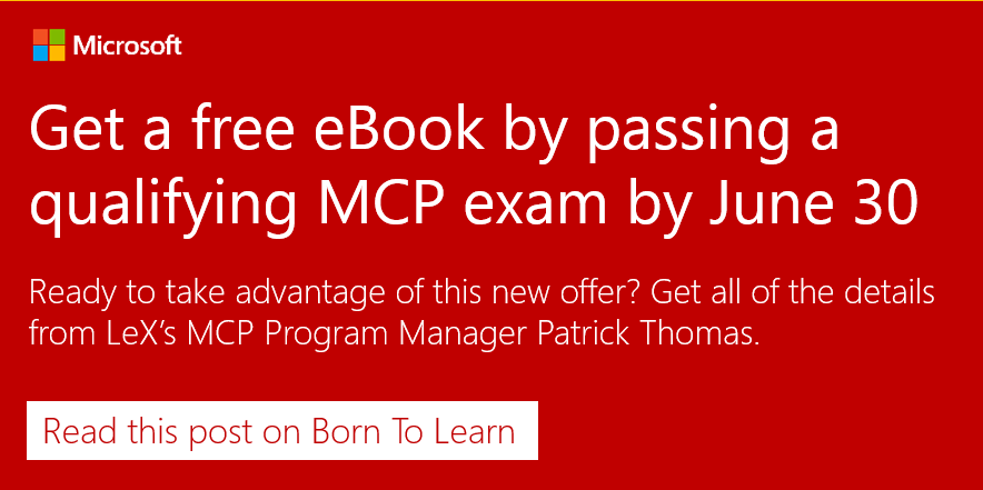 MicrosoftLearn's tweet photo. Get a FREE eBook when you pass a qualifying MCP exam! Learn more: http://t.co/ScKuTqaSnM http://t.co/x1MKtP4AzZ