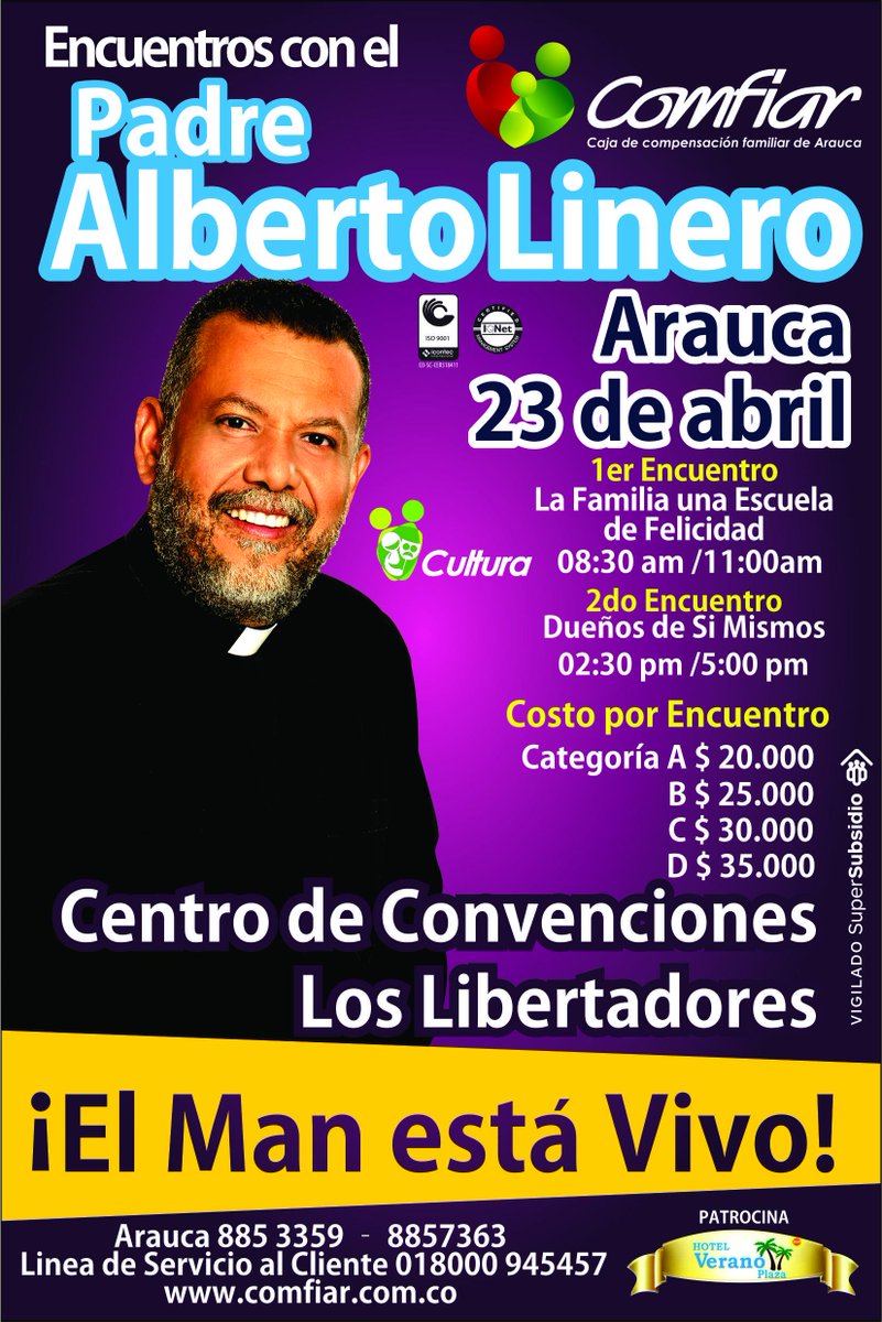 ComfiarArauca's tweet photo. Todo listo para el ciclo de conferencias del padre Linero en la capital araucana. Boletería a la venta al 8853359. http://t.co/LFdxuUBGWr