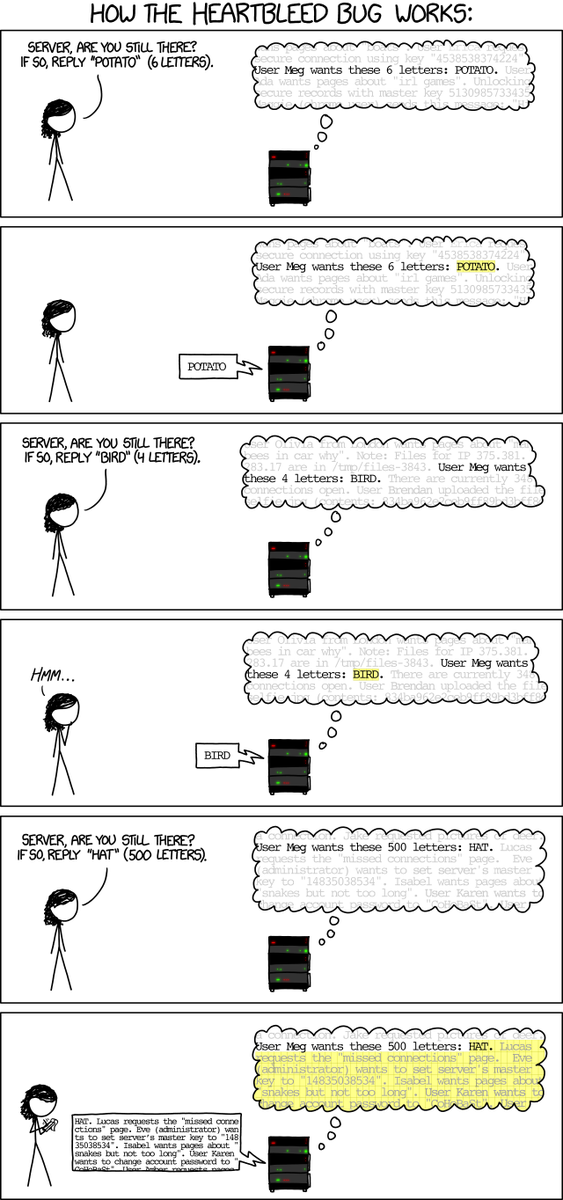 doctorow's tweet photo. xkcd explains how the Heartbleed bug works [2014] http://t.co/3ki9Jqda4i http://t.co/38aAznJQnP