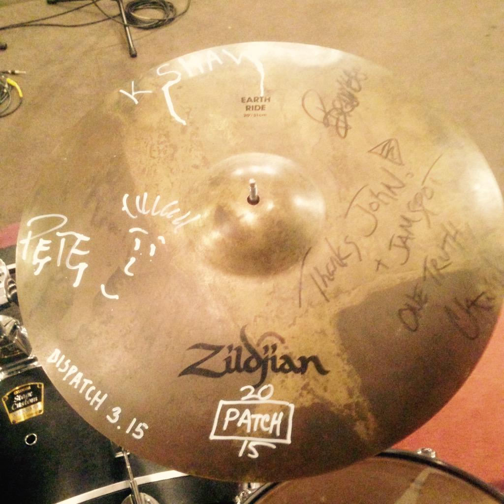 JamSpotOfficial's tweet photo. That time @dispatchmusic was in and signed this awesome @ZildjianCompany earth ride #tbt #boston #Rehearsal #jamspot http://t.co/etS7FpVb0S