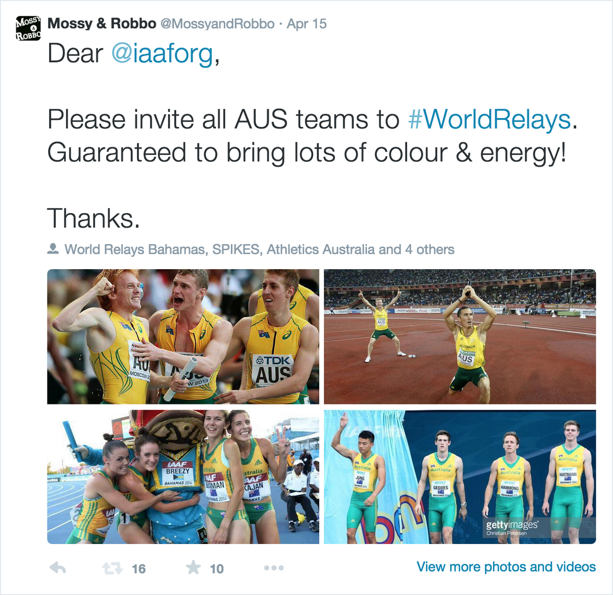 MossyandRobbo's tweet photo. YOU BEAUTY!
All Aussie teams confirmed for #WorldRelays #RunPassRun
http://t.co/qbDsLIVQZl @AthsAust @worldrelaysbah http://t.co/84LzTTPFXX