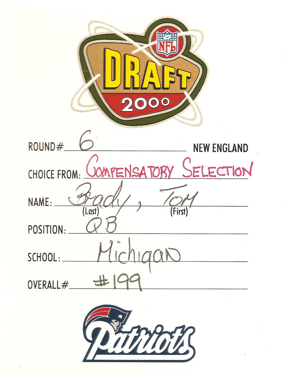 PatriotsBrazil's tweet photo. Há exatos 15 anos, em 16/04/2000, os @Patriots fizeram a melhor escolha da história! #199 #BestDraftCardEver #Brady6 http://t.co/k93fN817Zq
