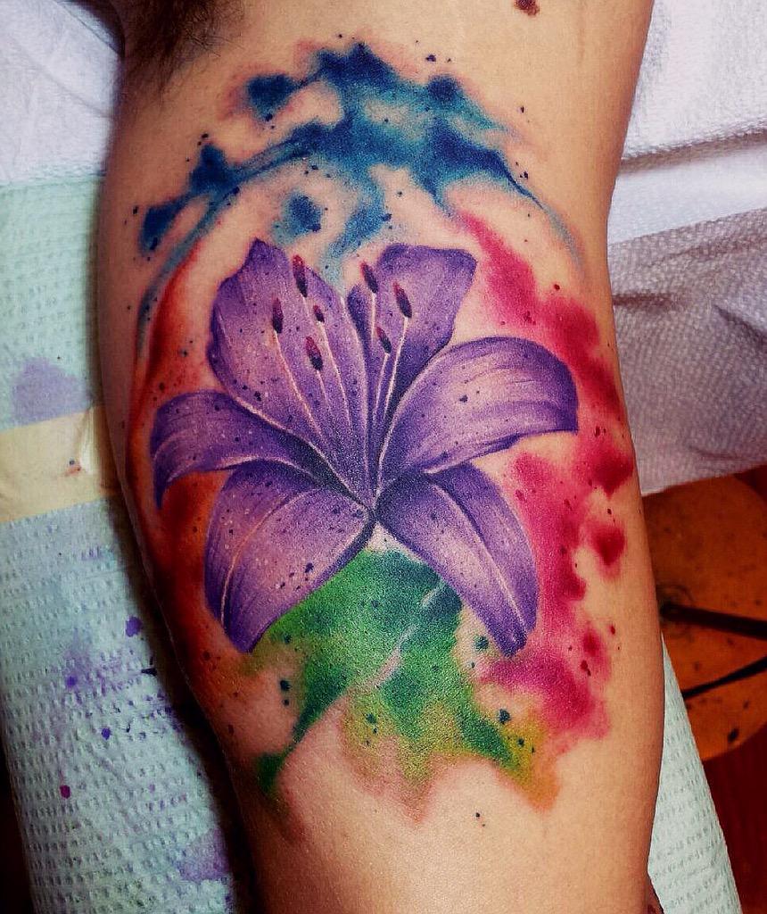 Watercolor Lily Tattoo Idea For Girls