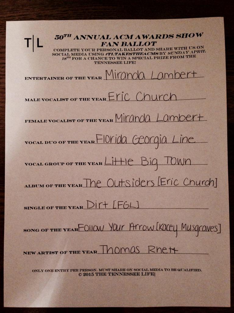 christywoj's tweet photo. Who do y'all think will be takin' home awards at this Sunday's 50th ACM's? I've made my picks! ๐ โขโข #TLtakestheACMs http://t.co/9NYo58Ahvy