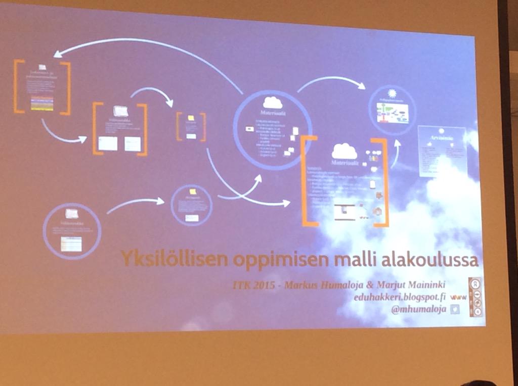 saarling's tweet photo. Yksilöllisen oppimisen malli alakoulussa. @mhumaloja ja #maininki #itk2015 #sali14 http://t.co/1kVTsHRHtf