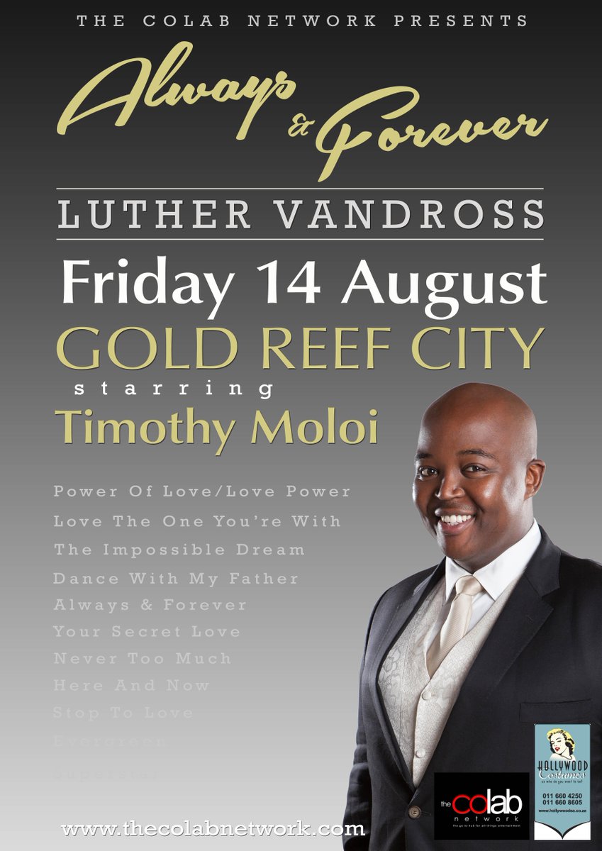 TimothyMoloi's tweet photo. Excited to announce that I'll be paying tribute to #LutherVandross at @GoldReefCitySA on 14 Aug! Tickets @Computicket http://t.co/FpJhT9WCiU