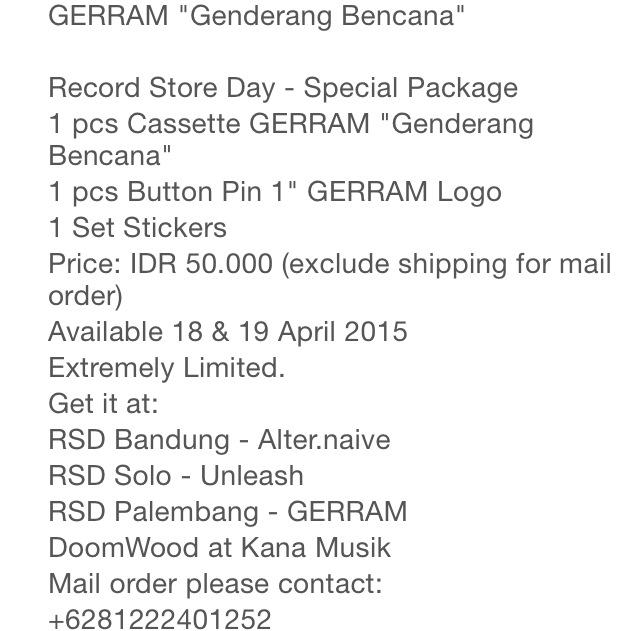 Record Store Day special! Limited edition cassette tapes GERRAM 'Genderang Bencana' released by Doomwood Records