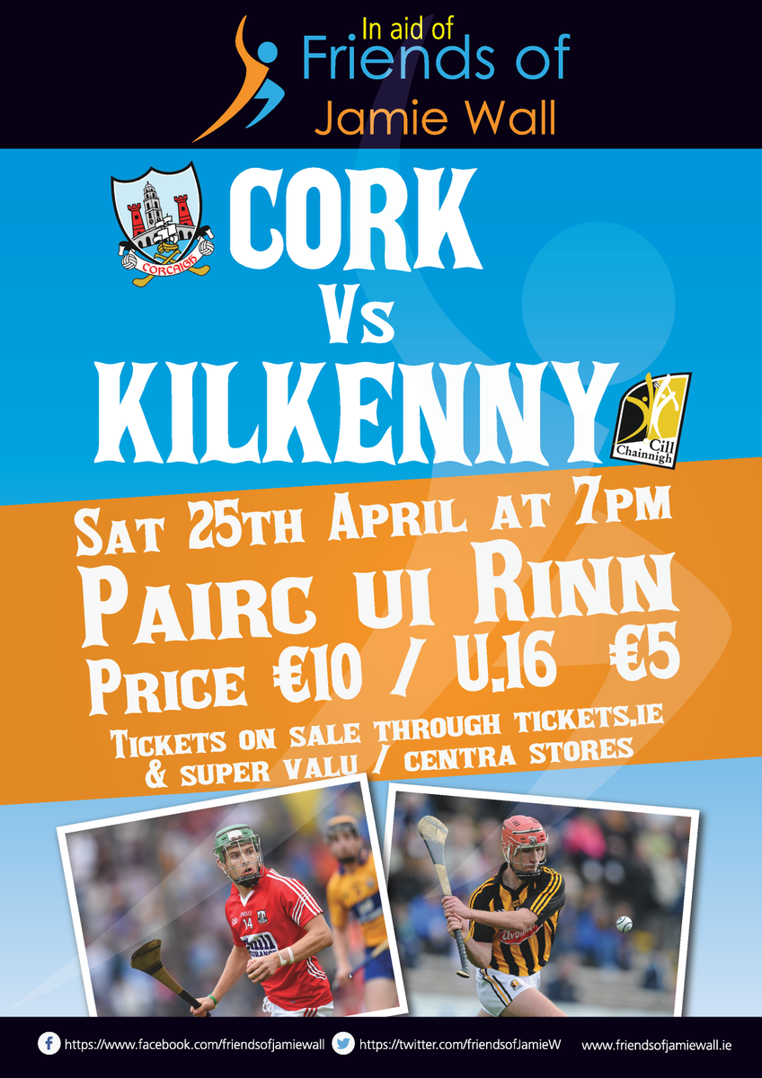 friendsofJamieW's tweet photo. Cork V Kilkenny Sat 25th Apr 7PM in Pairc Ui Rinn. Tickets available at the box office. @OfficialCorkGAA @Jamwall7 http://t.co/JkCTaueIbI