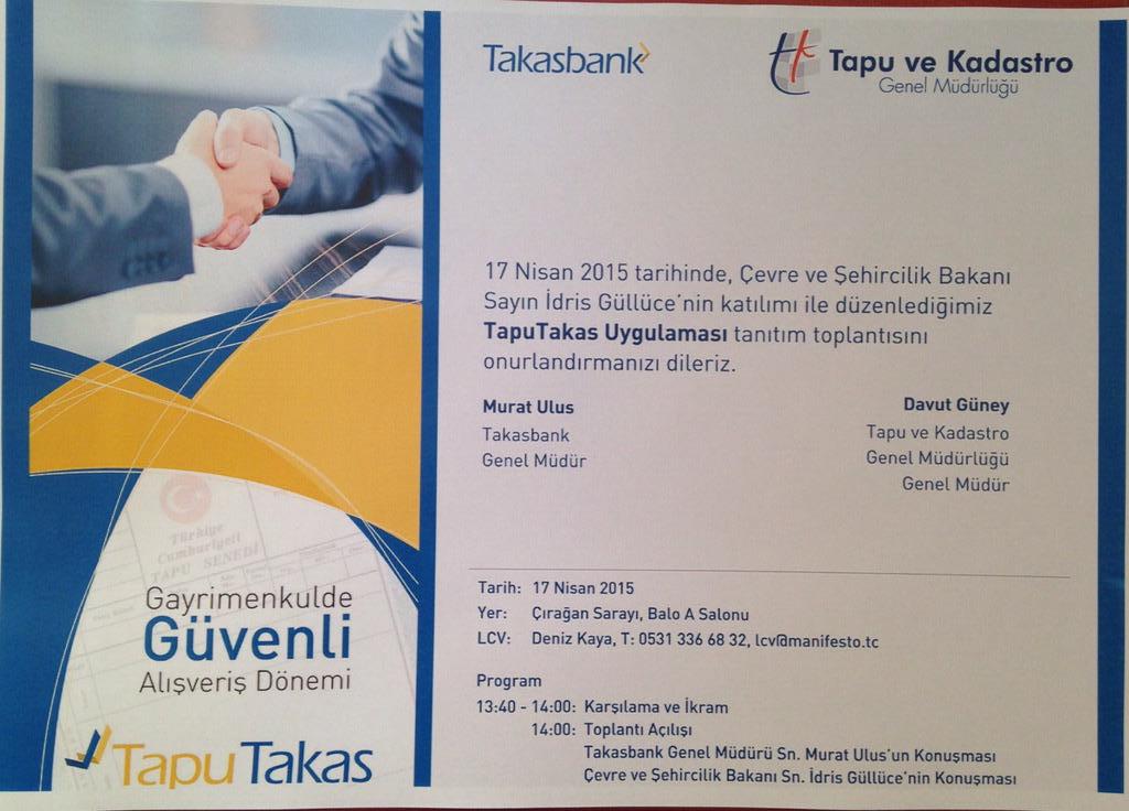 17.4.2015'te Çevre ve Şehircilik Bakanı Sayın İdris GÜLLÜCE'nin katılımıyla TapuTakasUygulaması tanıtımıyapılacaktır.