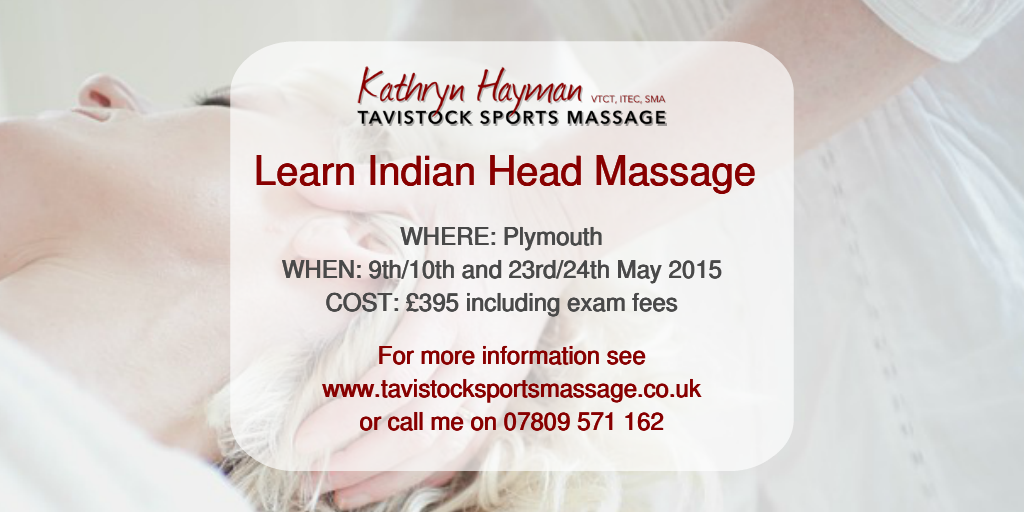 KathrynHayman's tweet photo. Indian Head Massage Course this May in #Plymouth 
More info at http://t.co/TuiheKAAa1 
Or give me a call to discuss! http://t.co/CwNGbvyNX1