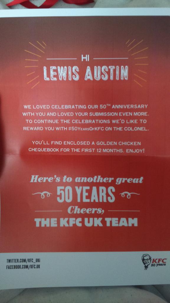 Chiickennn's tweet photo. My #50YearsOfKFC finally arrived today! Thanks @KSIOlajidebt and @KFC_UKI I can't wait to grab a free bucket later ππ http://t.co/WJSEp1yp6C