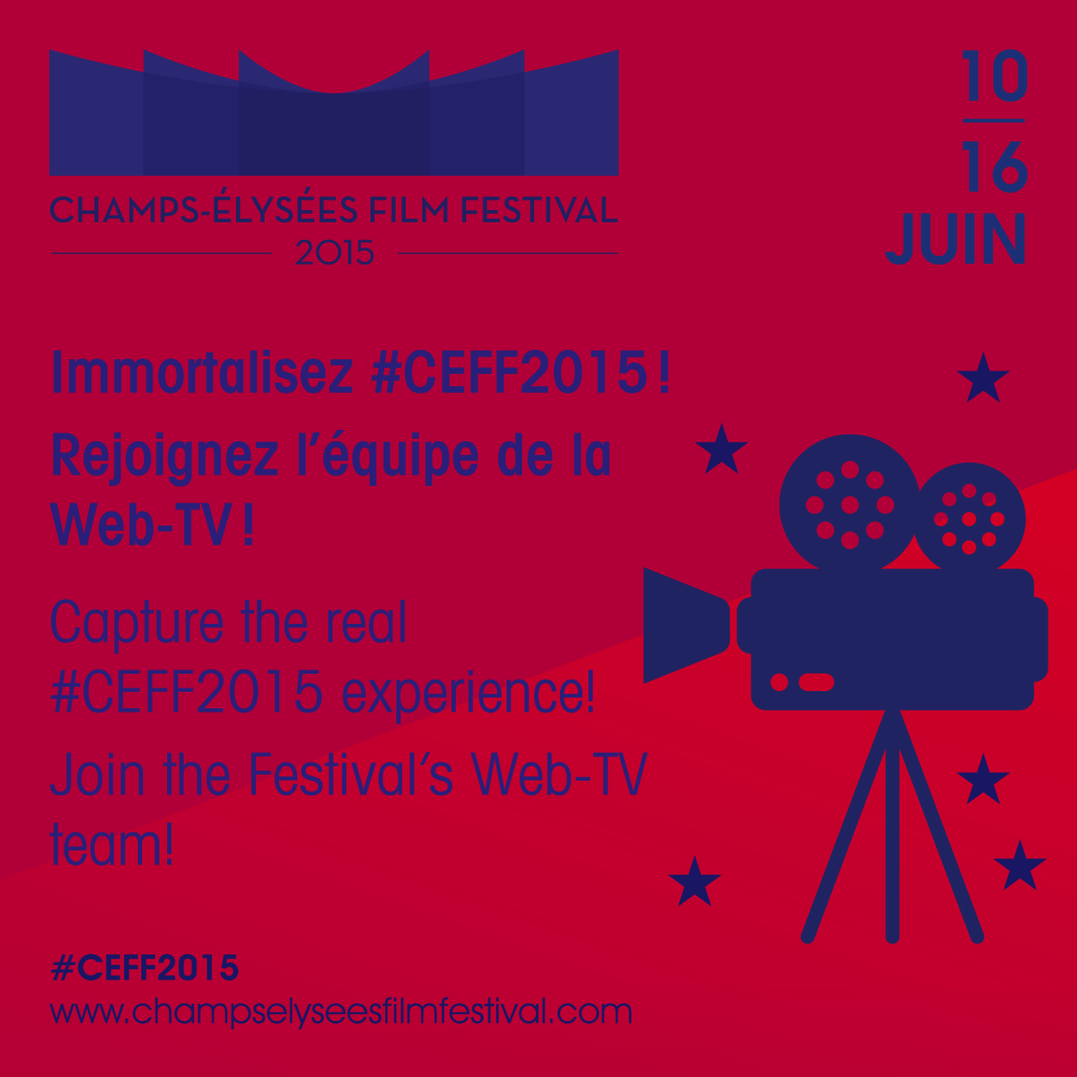 CEFFpros's tweet image. Join @CEfilmfestival's Web-TV and help capture the #CEFF2015 experience! Apply to join now at champselyseesfilmfestival.com/web-tv/