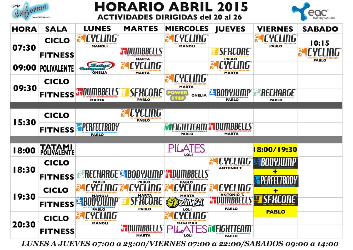 HORARIO PARA LA SEMANA DEL 20 al 26 DE ABRIL2015,UNETE AL EQUIPO #GYMENFORMA !