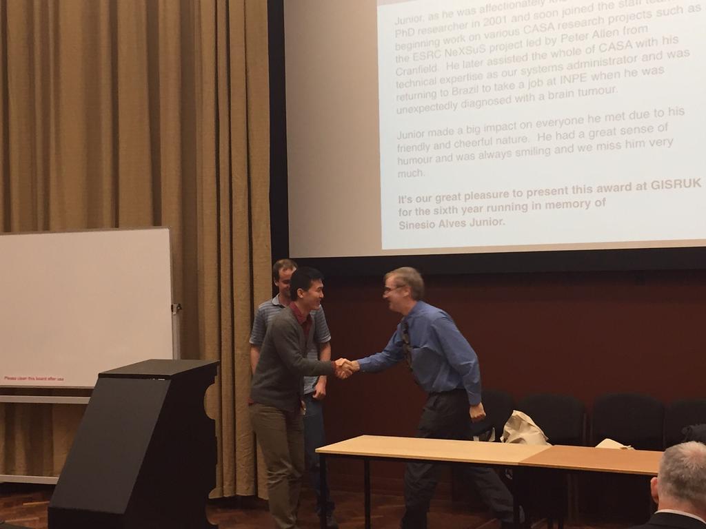 SpaceTimeJames's tweet photo. Congratulations  to #SpaceTimeLab researcher Juntao Lai on winning best paper by a young researcher at #GISRUK2015 http://t.co/cU3HhF6LUk
