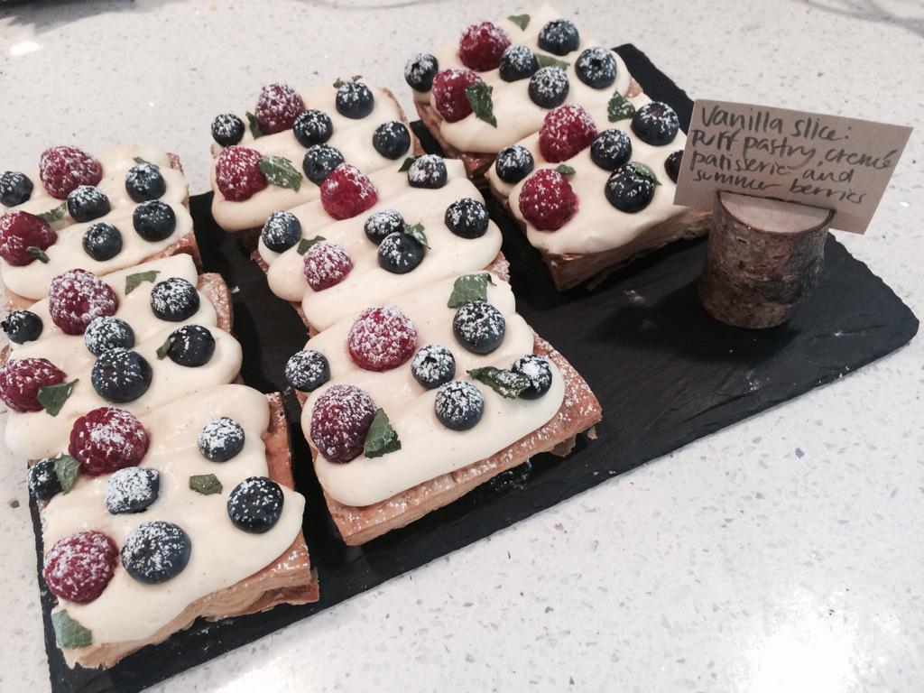 OliversCoffeeB's tweet photo. What a lovely day for a Vanilla Slice &amp; summer berries! We ❤️ Friday treats #homemade #pastry #patisserie #pastries http://t.co/vNT5SWx7Pw