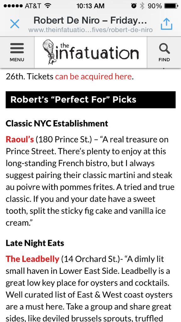 RaoulsSoho's tweet photo. WOW!  Robert De Niro names Raouls as one of his top 5! Thank you @infatuation!!! http://t.co/rsvTzDCH0A