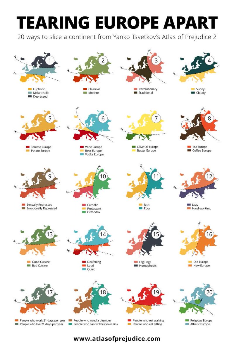 20 ways to slice Europe from Yanko Tsvetkov’s Atlas of Prejudice 2 - via <a href="/Amazing_Maps/">Amazing Maps</a>