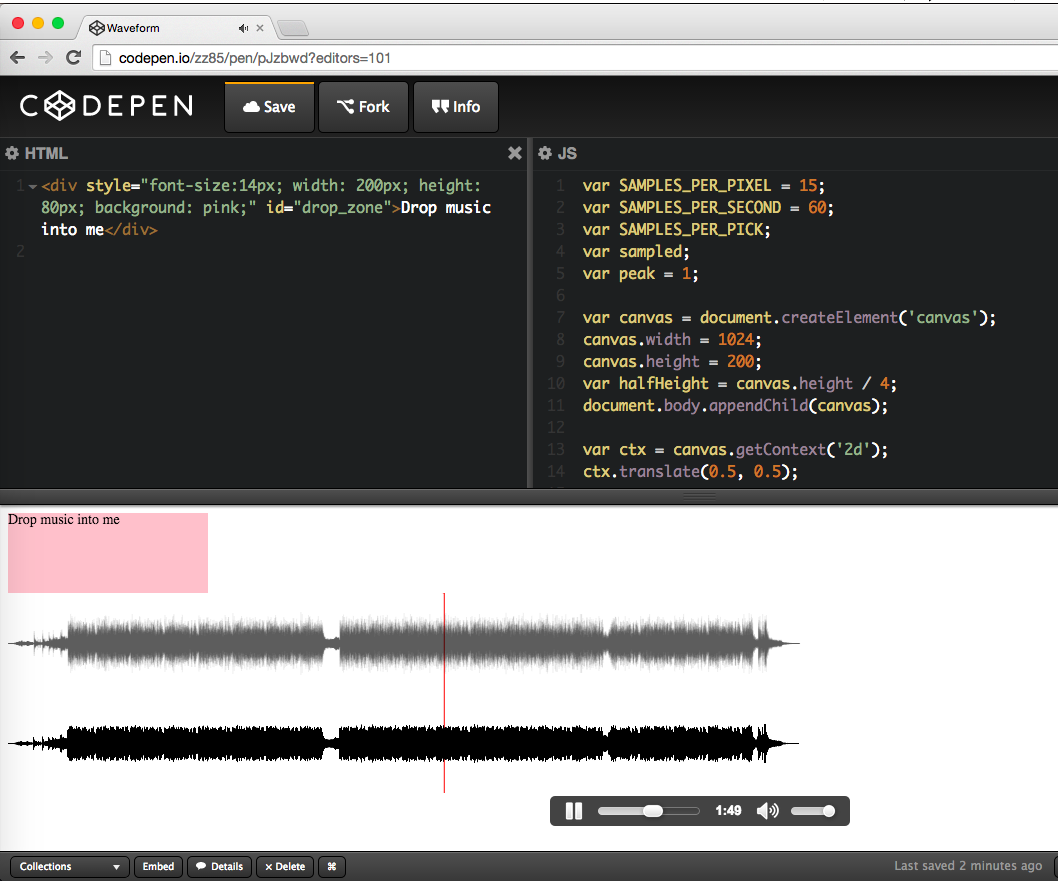 BlurSpline's tweet image. Made a simple waveform player (thx @ntt) #js #webaudioapi codepen.io/zz85/pen/pJzbw… do u prefer top or bottom waveform?