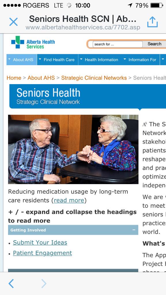 #SeniorsHealth #SCN lead acute care and crisis mngmt WG around persons with #FrailtySyndrome albertahealthservices.ca/7702.asp