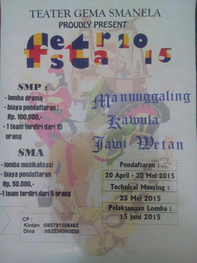 TEATER GEMA SMA NEGERI 1 LAWANG (kab.malang)
Present FESTRA 2015
.
 dengan tema "Manunggaling Kawula Jawi Wetan"
