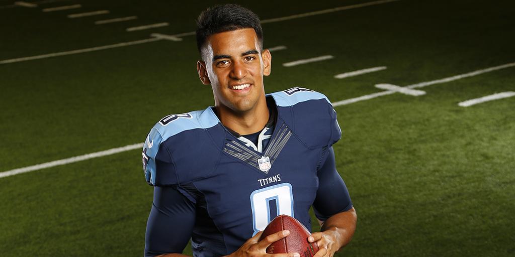 Titans's tweet photo. Here's your first look, #Titans fans! Marcus Mariota, meet two-tone blue.

#TitansDraft | #WelcomeMarcus http://t.co/XVPxR6MmCR