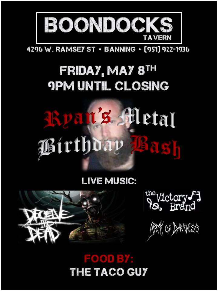 BoondocksTavern's tweet photo. Next Friday night! #happybirthdayryan #partyofyourlife #victorybrand #armyofdarkness #deceivethedead http://t.co/13guN53f2c