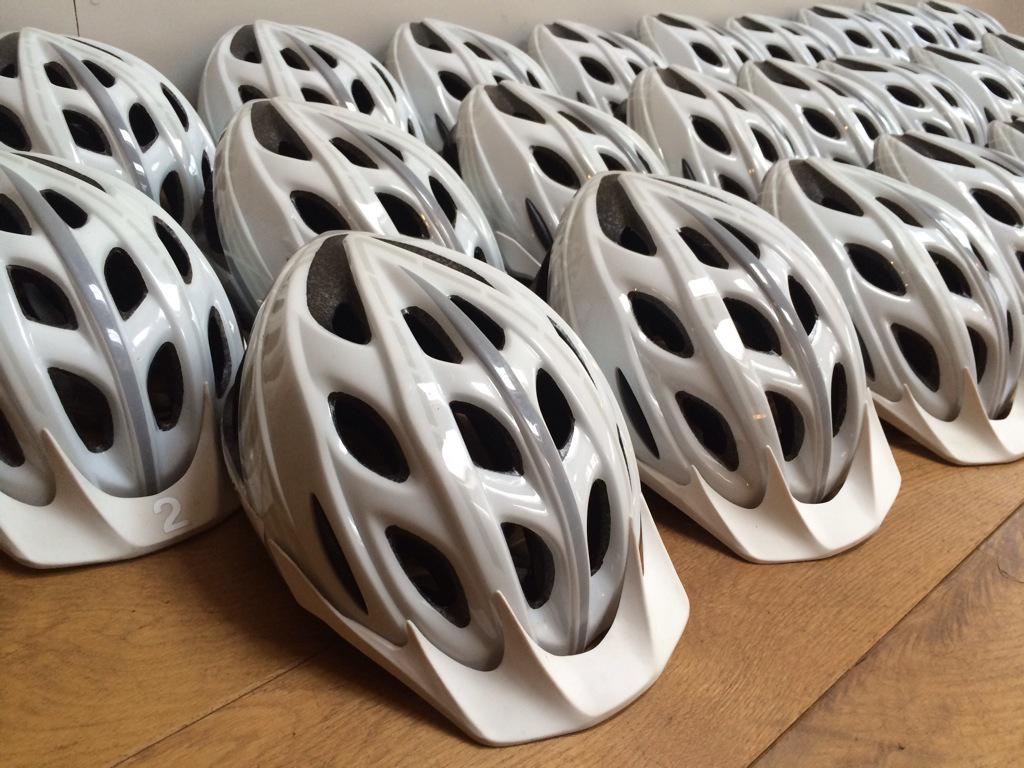 nicusupport's tweet photo. Looking a bit like a film set for Stars Wars, the helmets arrive for the 700 mile Harvey Nichols cycle challenge. http://t.co/Gy0MO76Qch