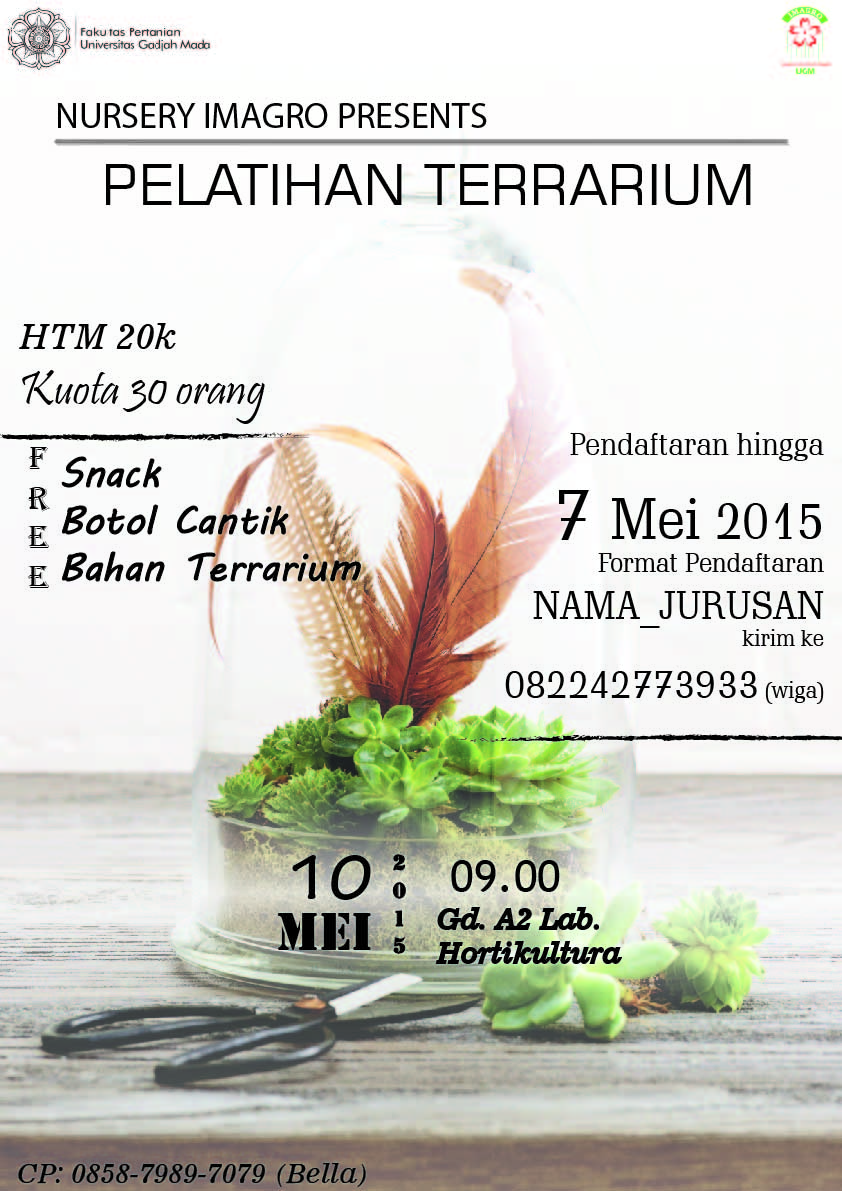 imagroUGM's tweet photo. Nursery IMAGRO presents Pelatihan Terrarium|10/5/2015 9.00
@ Lab Hortikultura|HTM 20k|more info:0858-7989-7079(Bella) http://t.co/FRIYfyyzYN