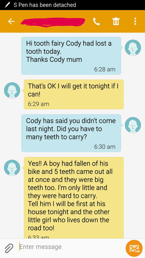 AmyRaysbrook's tweet image. Had to text the tooth fairy.....couldn't reach his tooth without waking him.....#parentduties