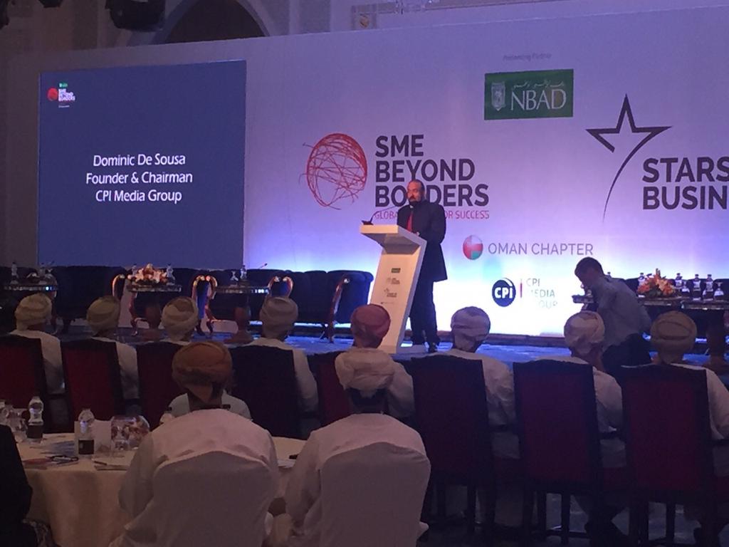 SME10x's tweet photo. Dominic De Sousa,Chairman and Founder, CPI Media Group gives a meaningful welcome address at #SMEBeyondBorders #Oman http://t.co/7enWYzNqwS