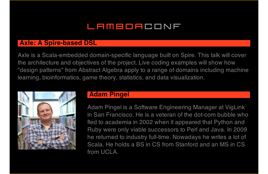 lambda_conf's tweet photo. .@pingel will introduce a Spire-based DSL (Scala), &amp; live code solutions to problems in ML, stats, &amp; more! #7daysofλ http://t.co/jcekr1vDYc