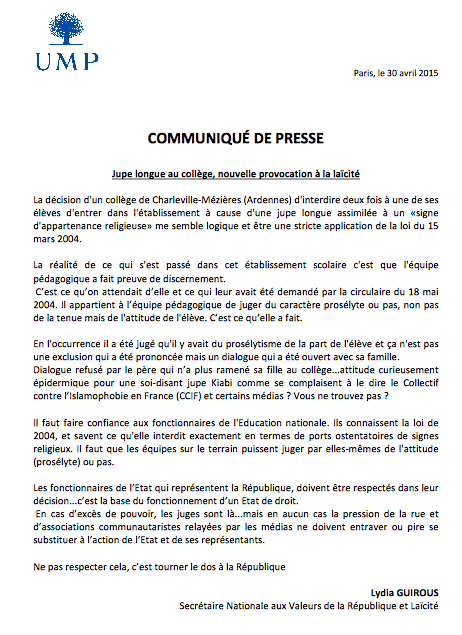 LydiaGuirous's tweet photo. Communiqué : #Jupe longue au collège, nouvelle provocation à la #laïcité
#RepubliqueForte @ump #UMP http://t.co/y2zqPABTl9