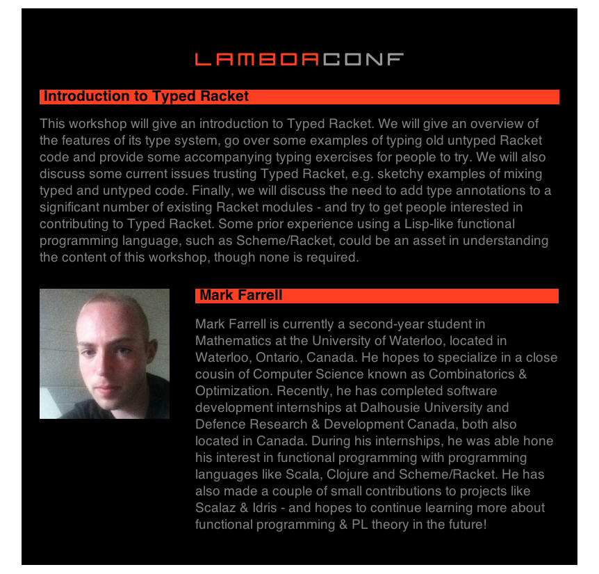 lambda_conf's tweet photo. What's could possibly be better than a Racket workshop? How about a Typed Racket one led by @m4farrel! #7daysofλ http://t.co/HZx89dgp0a