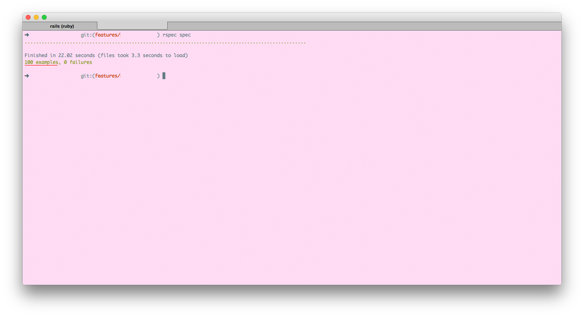 ryabrody's tweet photo. 😄 genau 100 #100examples #schnappszahl #rspec #tdd http://t.co/s7wns1Qo36