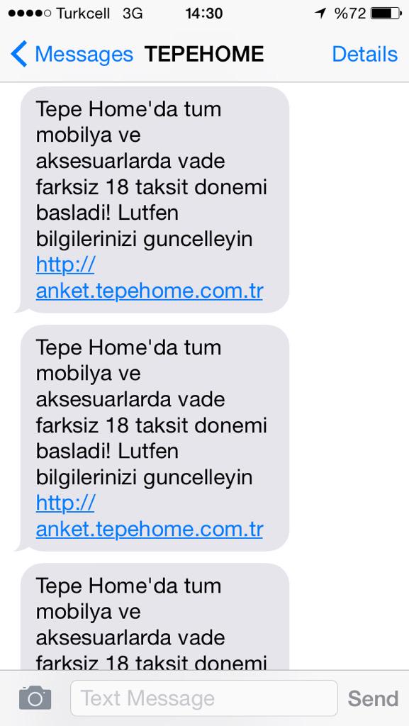 @TepeHome'dan alışveriş yapmıyorum ve 5 dkda bir sms geliyor, beni listenizden çıkartır mısınız?