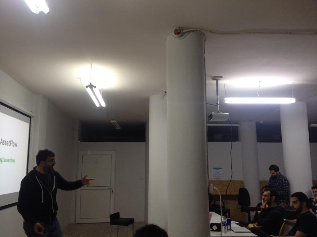_margaritis's tweet photo. All about #AssetFlow by @thanpolas at @thetechministry, #nodejs #meetup http://t.co/cEYRsXpI2P