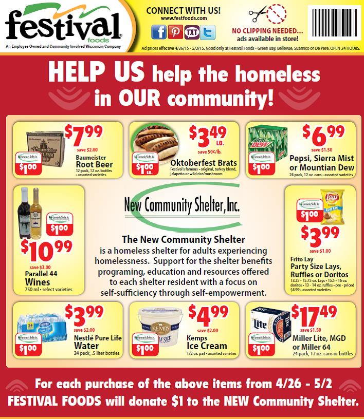 KrisOlsonWI's tweet image. Please shop at Festival Foods through Saturday, May 2 and support the New Community Shelter #ncsgreenbay