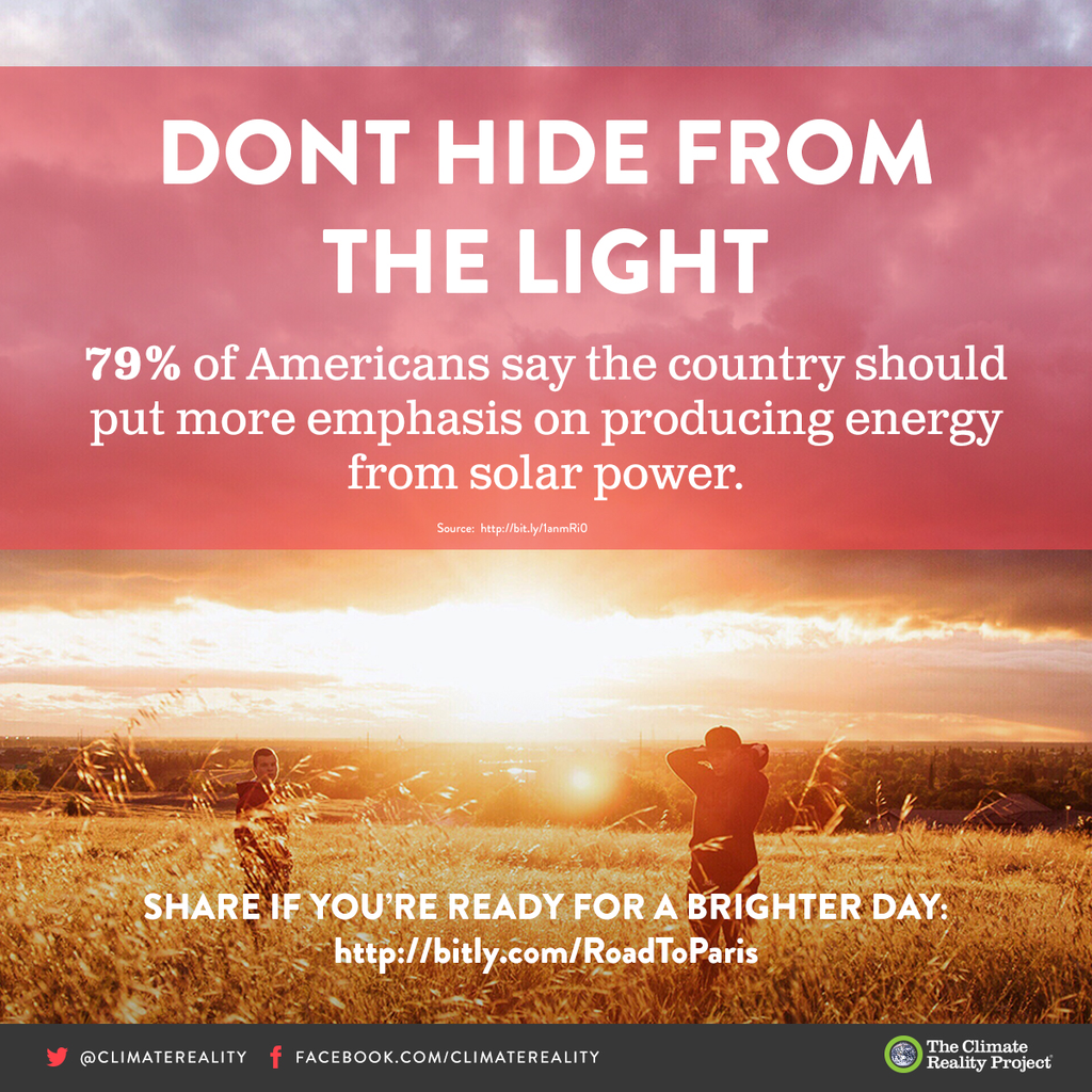 ClimateReality's tweet photo. RT if you’re ready for a brighter day. A recent poll shows 79% of Americans want more emphasis on solar energy. http://t.co/GVzx9nZBgk