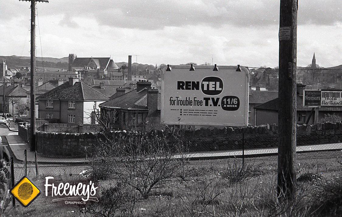 FreeneysGraphic's tweet photo. Hand painted billboard advertising T.V. rental circa 1950 in #Bray http://t.co/ADoP4nkrR1