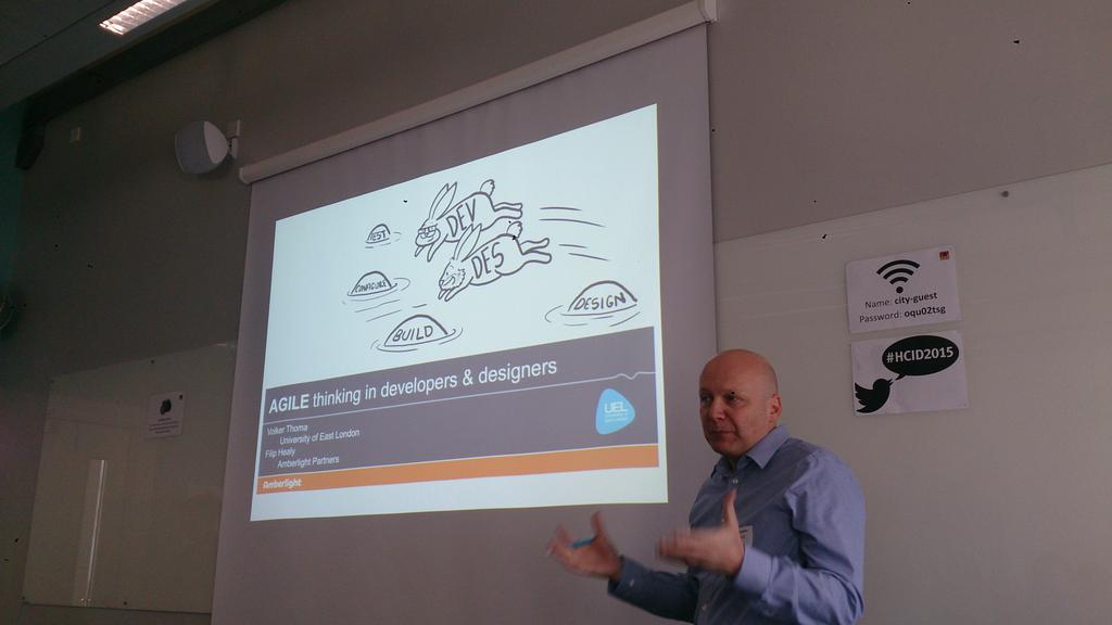 KintheWorld's tweet photo. Full house for learning about how devs and designers best collaborate in agile. @amberlightuk #HCID2015 http://t.co/yFrM4qwqN8