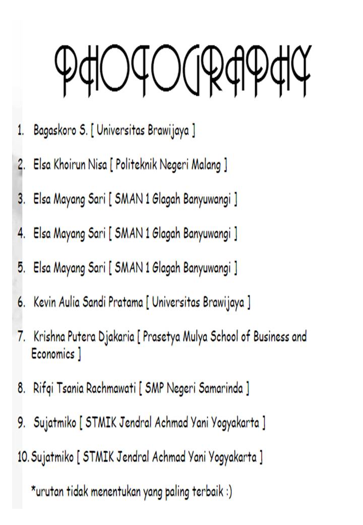 MPCOM2017's tweet photo. 10 TERBAIK LOMBA FOTOGRAFI MPCOM 2015 #NATIONAL_EVENT http://t.co/HMc4gdaQUt