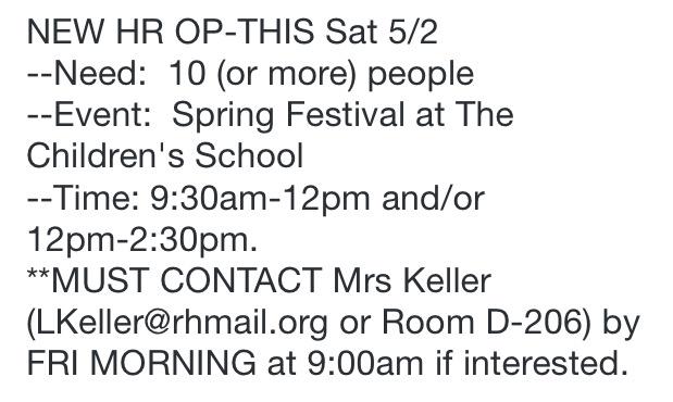 rhhs_nhs's tweet photo. NEW OP!!!! This Saturday 5/2
Email Keller immediately! http://t.co/u7QkWue0OX http://t.co/4PDjIu1QsO