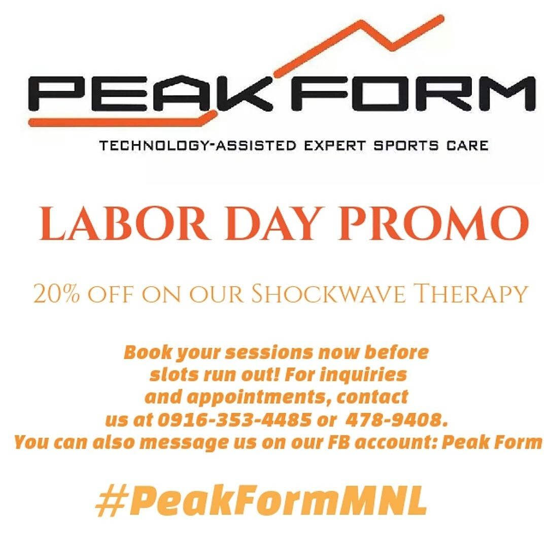 PeakFormManila's tweet photo. LABOR DAY PROMO! 20% off on our Shockwave Therapy sessions! Book your slots now! #PeakFormMNL http://t.co/paXH3VolLI