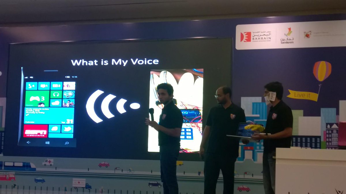 MicrosoftBH's tweet photo. Team #easycom presenting their project #myvoice #ICBahrain15 @bahrainedb @tamkeenbahrain @egovbahrain http://t.co/lFSDMiqc2r