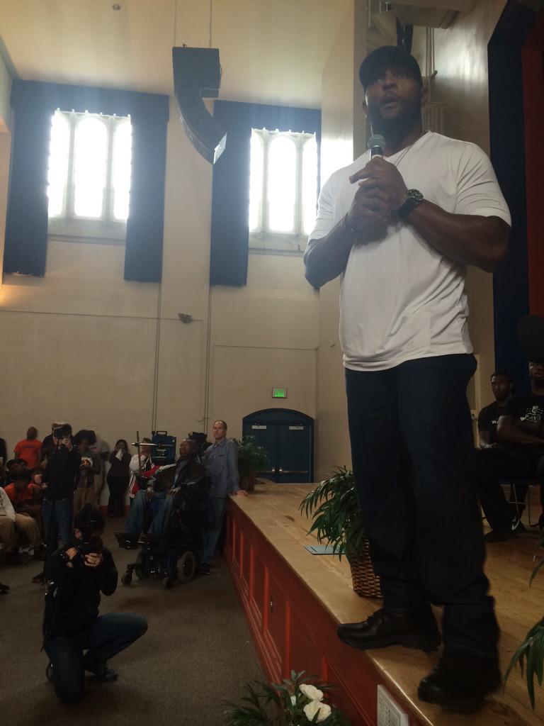 Ravens's tweet photo. Ray Lewis is addressing the students at Frederick Douglass High School. #BaltimoreStrong http://t.co/Laur14A7Hp